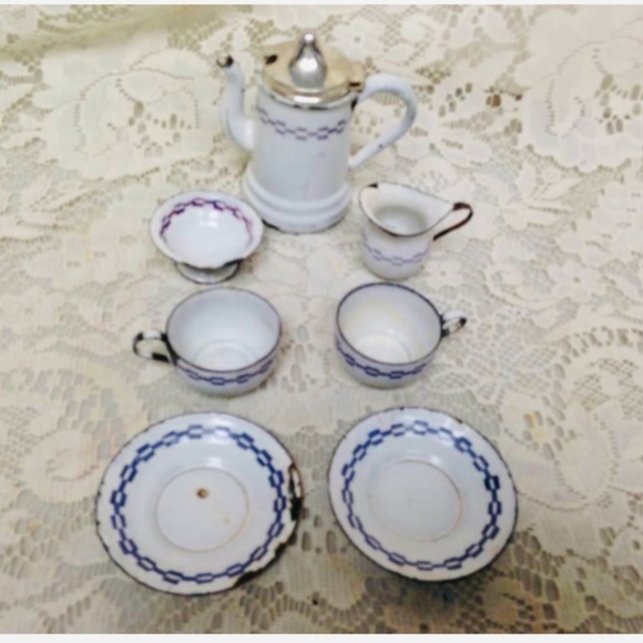 Vintage 8-pc White Enamelware with Purple Trim Child’s Tea Set